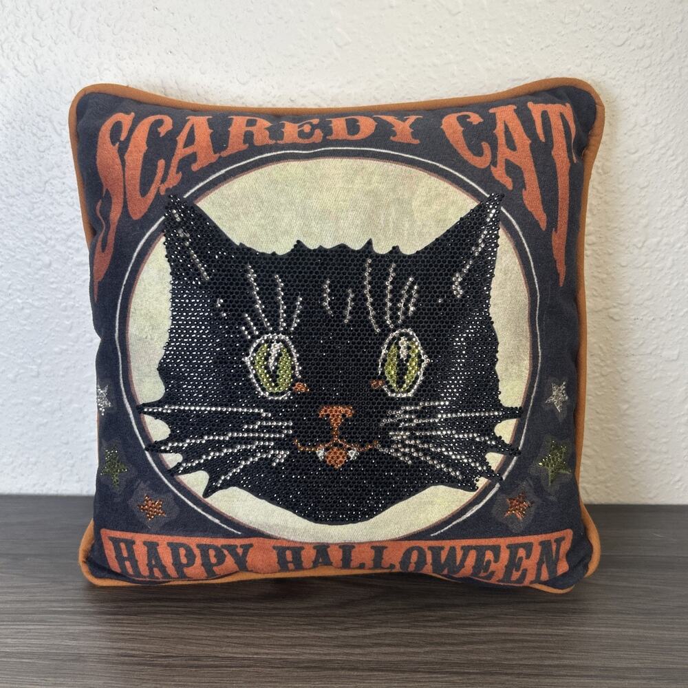 Scaredy Cat Happy Halloween Black Cat Faux Beaded Throw Pillow 12” Orange